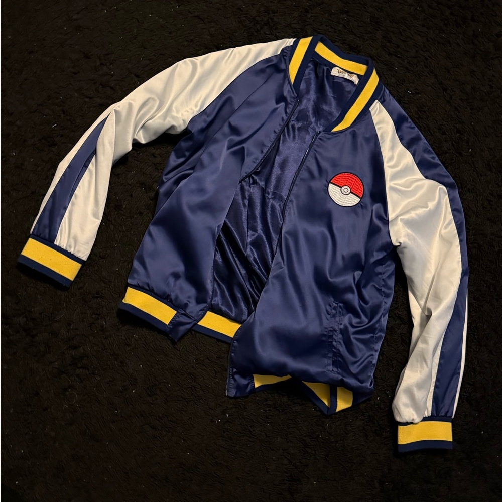 Blue and White Bomber Jacket with Red Logo large size